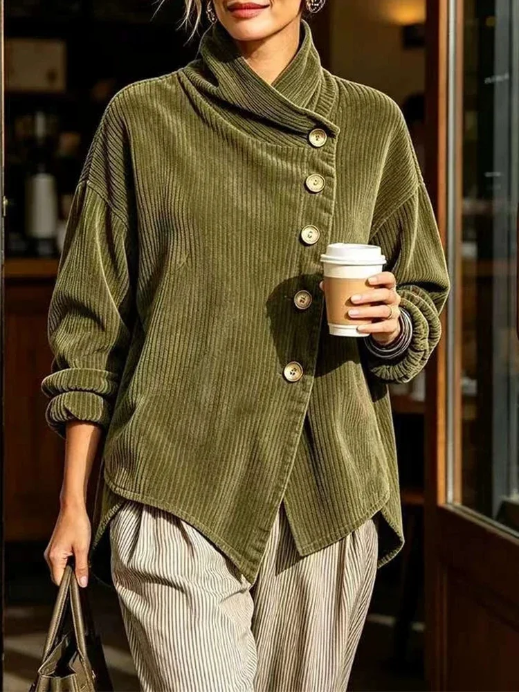 Corduroy Jacket for Women Wrap Cowl Neck Long Sleeve Loose Coat Diagonal Button Irregular Hem Fall Winter Fashion Corduroy Top