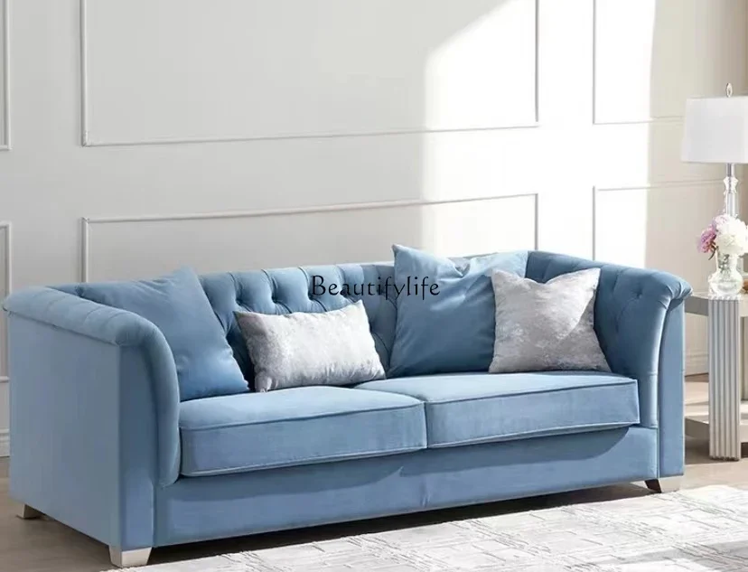 

01 yj19 American solid wood fabric sofa living room small apartment light luxury fashion buckle three people