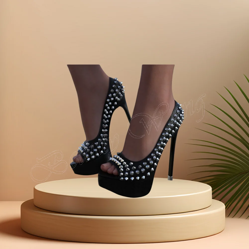 

Black Rivet Decor Platform Sandals Peep Toe Ankle Buckle Round Toe High Heel Shoes for Women High Heel 2024 Zapatillas Mujer