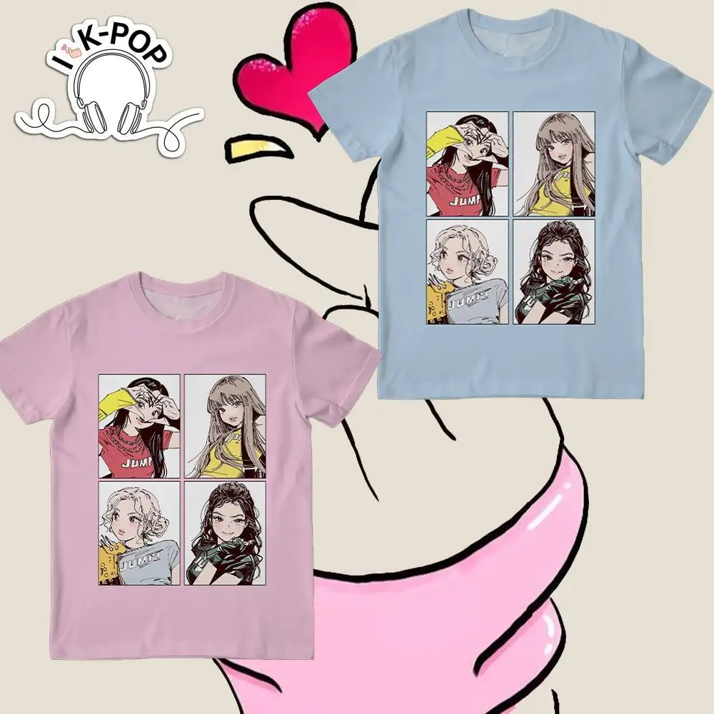 

2025 Hot Sale Kpop BP Jump T-shirt Pink Girl Group Short Sleeve Cute Anime Pattern T-shirt Summer Loose And Comfortable Y2K Top