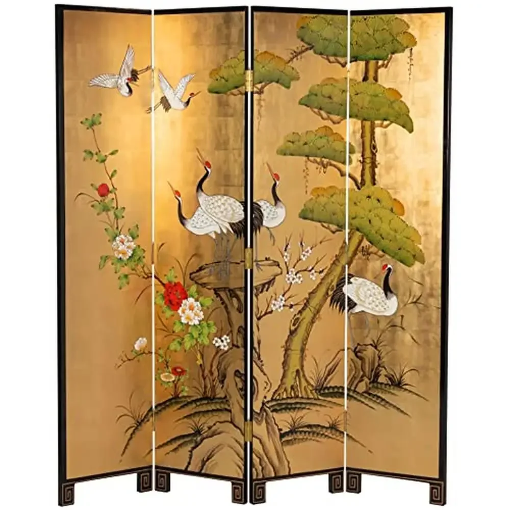 Hand Painted Gold Leaf Cranes Room Divider Folding Screen Solid Elmwood Heritage Craftsmanship 64