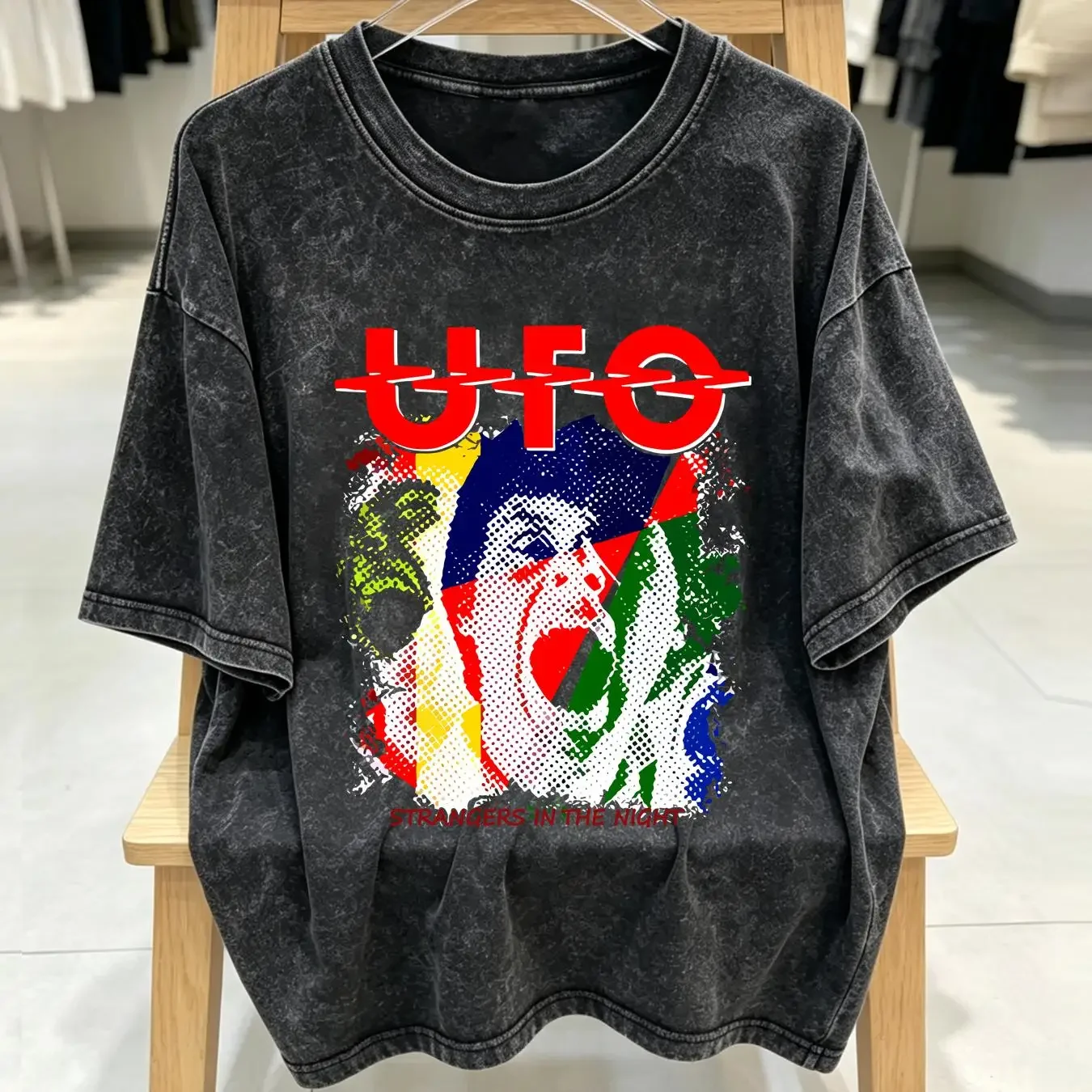 washed T Shirt Hot UFO Strangers In The Night Black long or short sleeves vintage Washed designer clothes Top For Everyday Wear