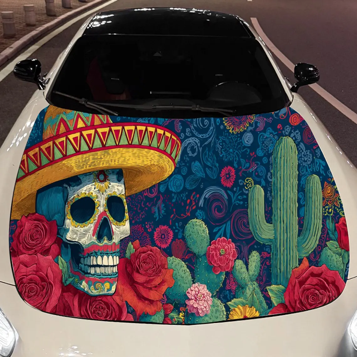 Day of the Dead Cactus Skull Auto Cover Sticker, Waterproof and Self-adhesive Auto Hood Decal, Auto Vinyl Wraps, Cool Car Exteri