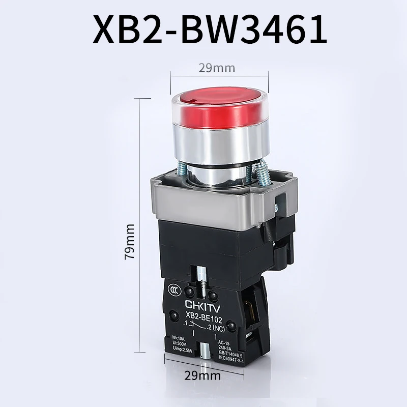 

22mm Momentary XB2-BW3361 3462 Round Push Button Switch With LED/Neon Light 1NO 24V/AC220V/AC380V Green,Red,Yellow,Blue