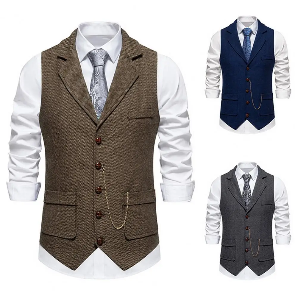 Men's Retro Lapel Chain Vest Fashion Herringbone Coarse Tweed Pockets Suit Vest British Casual Vintage Gentleman Leisure Party