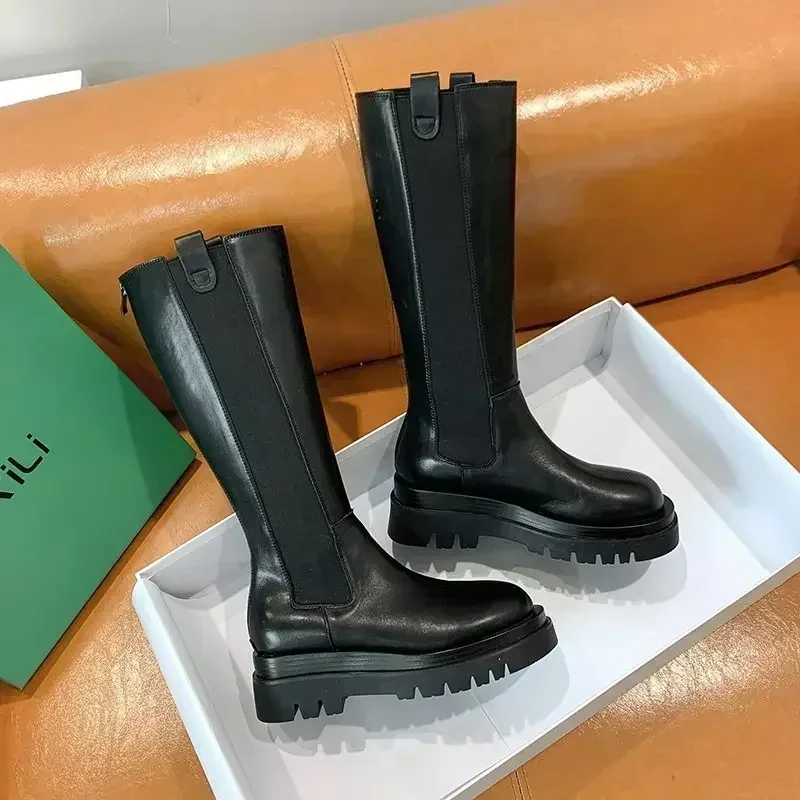 

Women High Boots Fashion Woman Non-slip Waterproof Winter Zipper PU Leather Knee High Boots Women Chunky Platform Long Boots