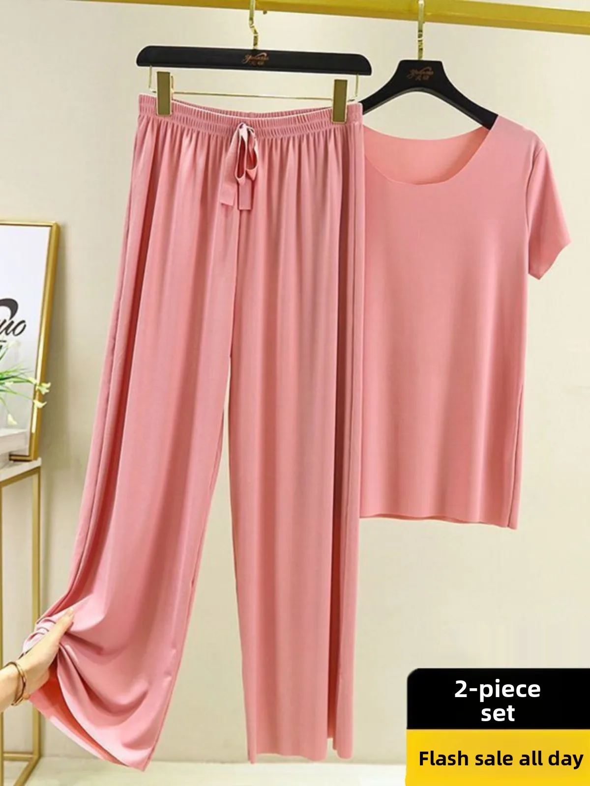 

Ice Silk Sleepwear Women's Summer Two-Piece Set Versatile Outerwear round Neck Short Sleeve Thin Home Clothes Loose Wide Leg ...