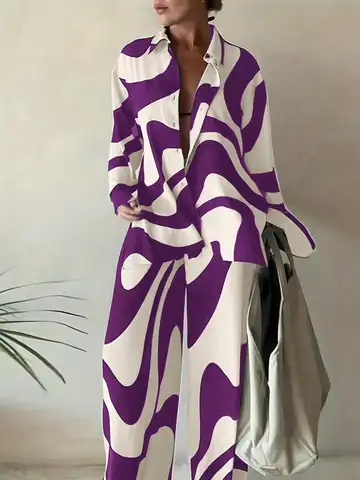 【Plus Size】 Two-Piece Set Abstract Print Open Front Longline Coat & Straight Leg Pants, Casual Long Sleeve Outerwear & Trousers