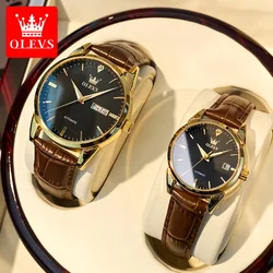 OLEVS-reloj mecánico automático para hombre y mujer, accesorio de pulsera de cuero con manecillas luminosas, resistente al agua, 6629