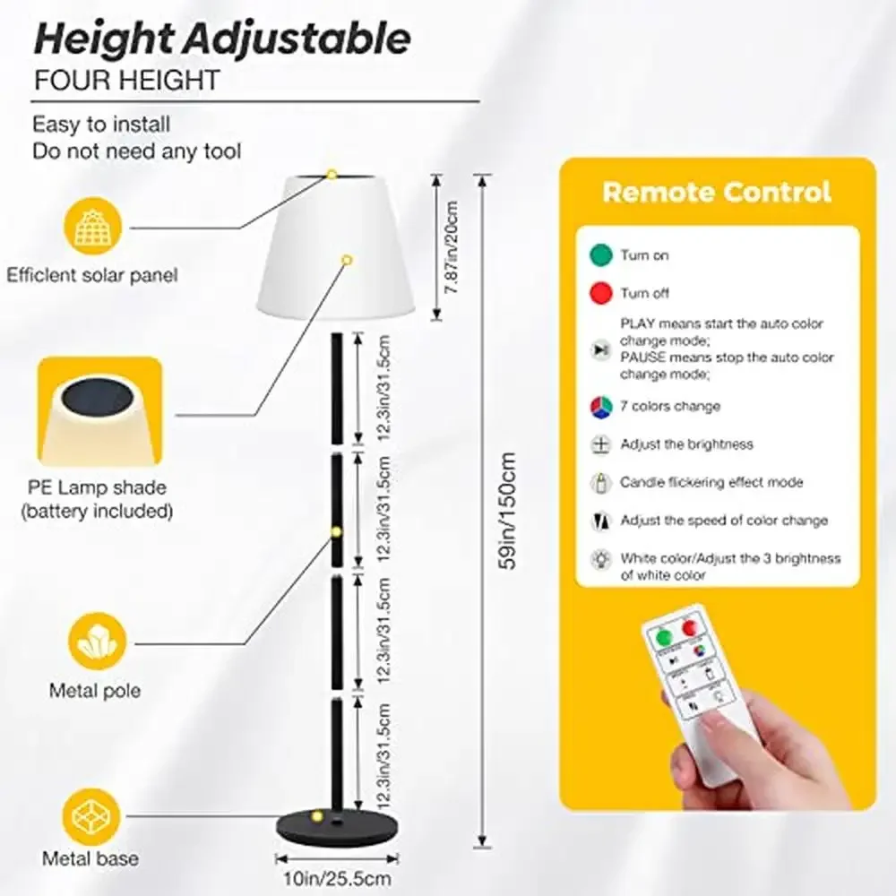 Lámpara de pie para exteriores con energía Solar, luz inalámbrica recargable impermeable, Patio, jardín, terraza, luces coloridas, función de memoria