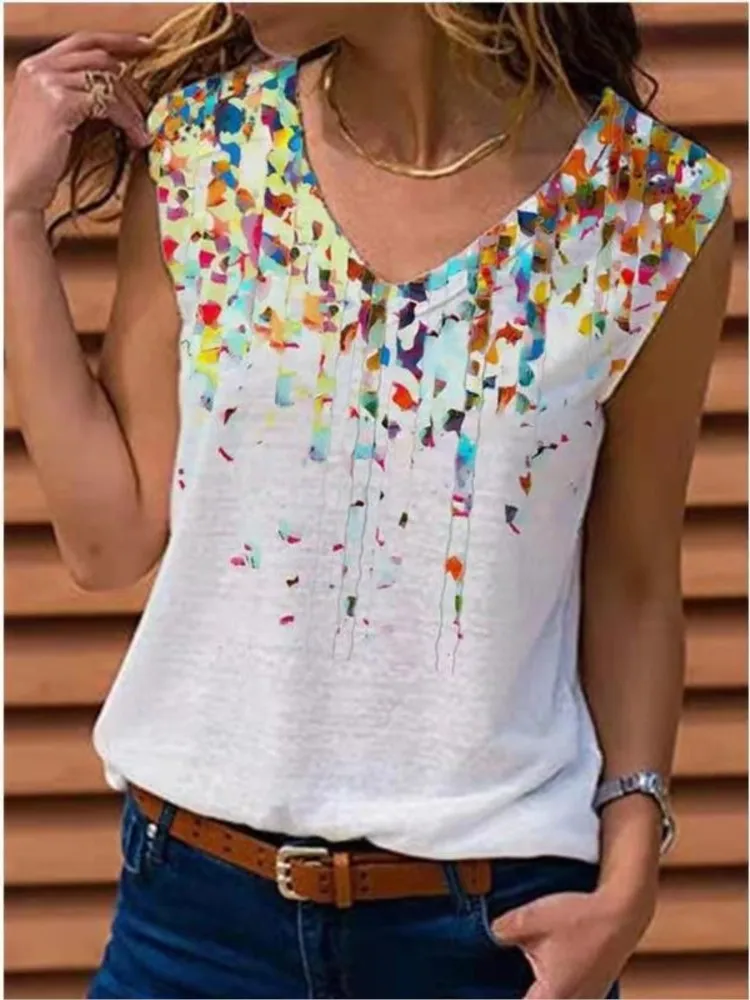 

Fashion New T Shirts For Women Vintage Sleeveless V-neck Printing Tees Casual Loose Elegant Female's Pullover Top 2024 Summer