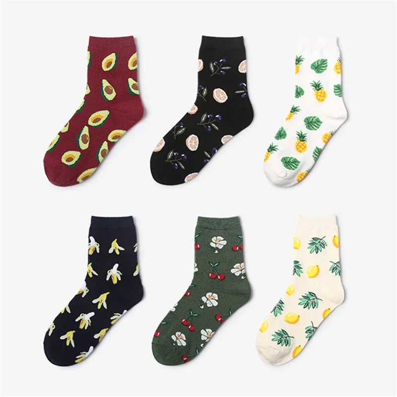 New Women\'s Fashion Happy Fruits Lemon Avocado Pineapple Cherry Blueberry Banana Flower Socks Dropship