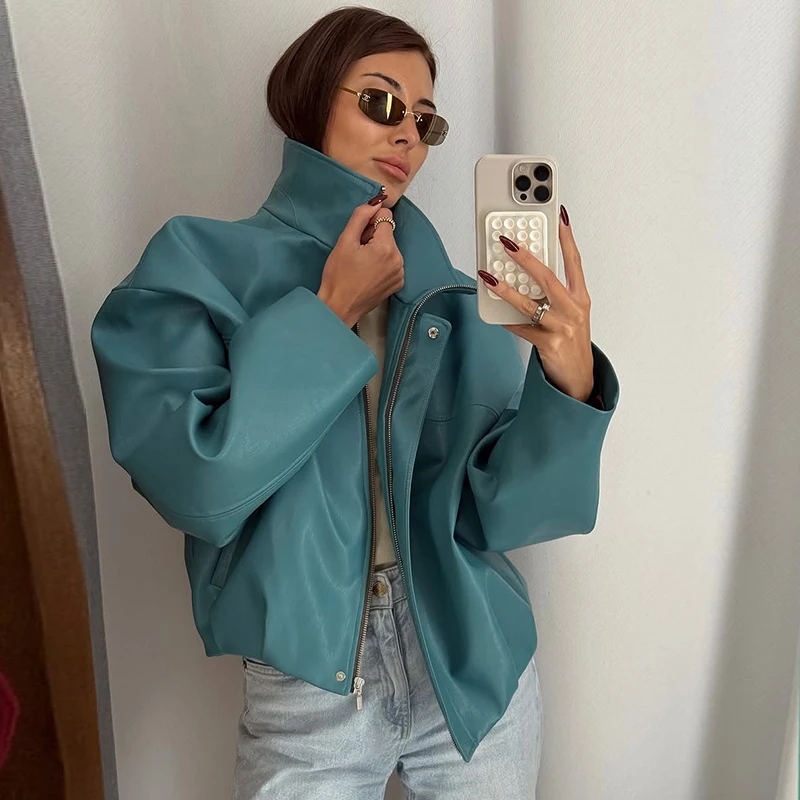 Übergroße Kunstlederjacken für Damen, Streetwear mit Stehkragen, Langarm, Gerüscht, Einfarbig, Locker Sitzende Mäntel, Schicke Damen-Oberbekleidung – Detail 2