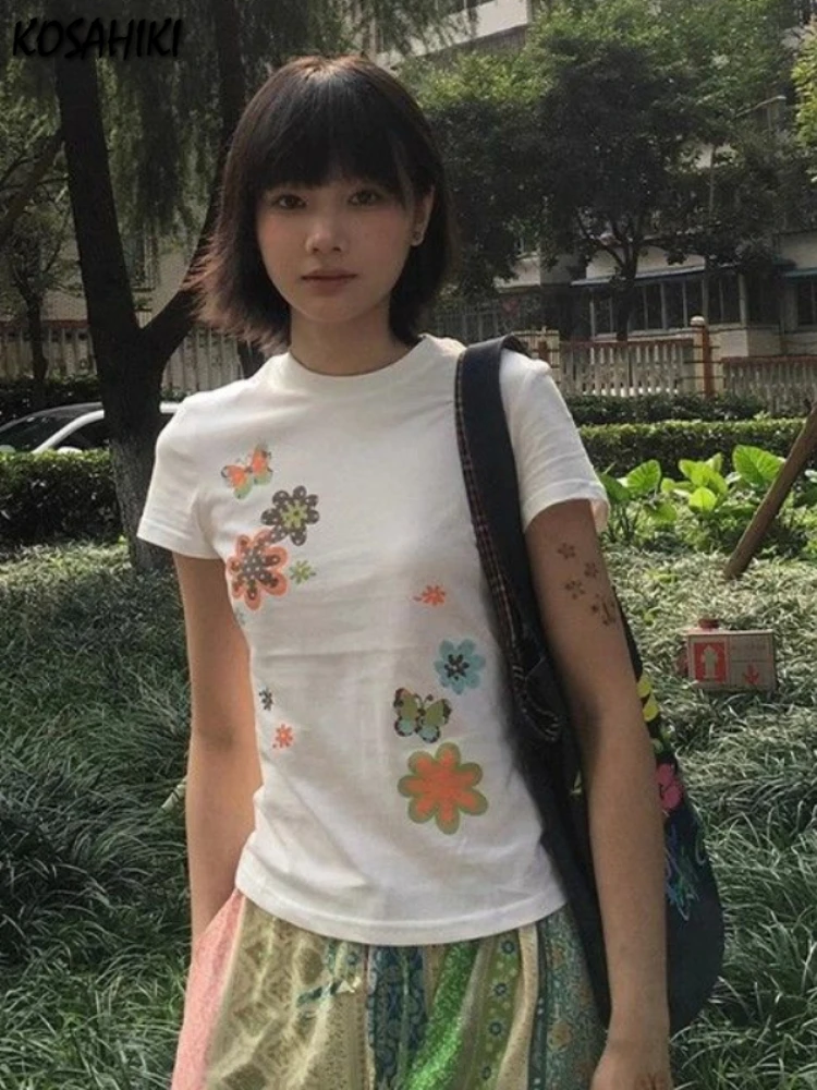 Preppy Style Grunge Flower Printing T-shirt Women Y2k Aesthetic Slim White Tees Tshirt 2025 Summer Harajuku Fairy Casual Tops