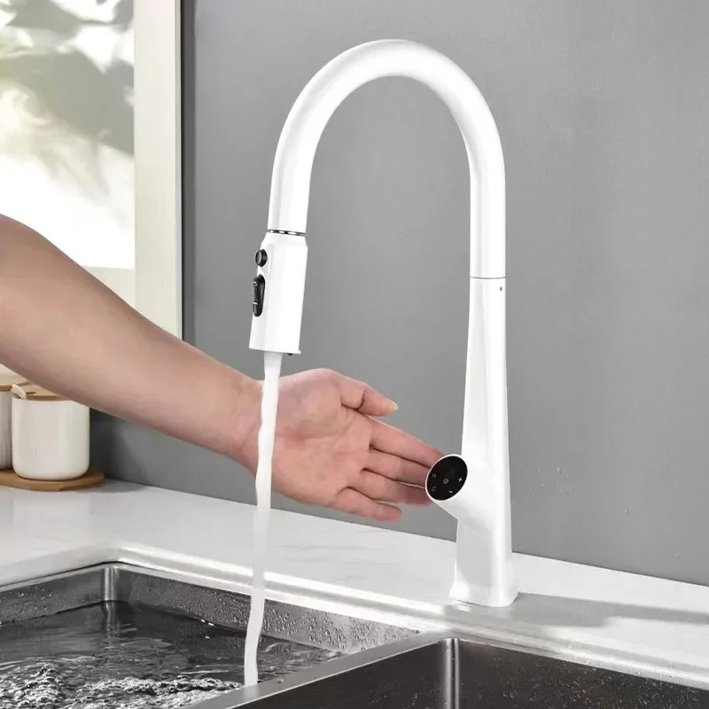 

Brass Pull Out Kitchen Sink Faucet Temperature Display Push Switch Hot And Cold Mixer Water Faucet Multifunction Sink Tap