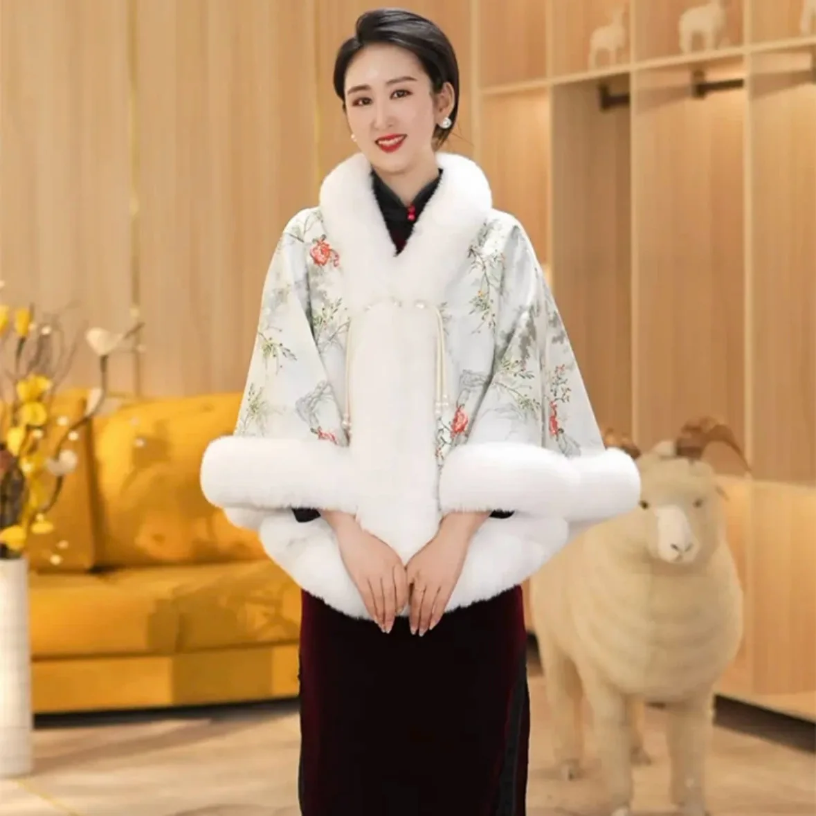 

Chinese Style Autumn Winter New Fashion Women's Elegant Casual Trendy Daily Loose Luxury Thicken Faux Fur Coats Female Ponchos