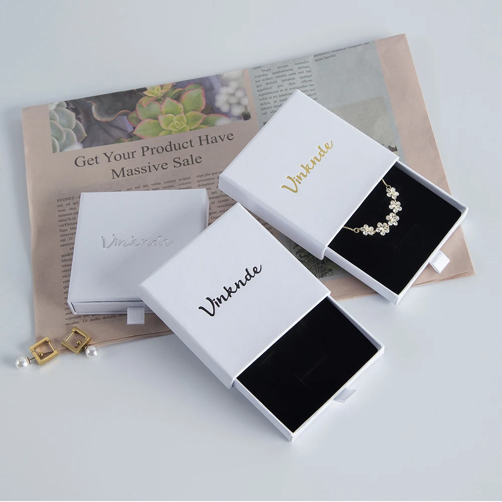 Custom Printed 6x6x2.5cm Packaging White Box Pull Out Drawer Slide Jewelry Organizer Box For Earring Rings Necklaces Bracelets