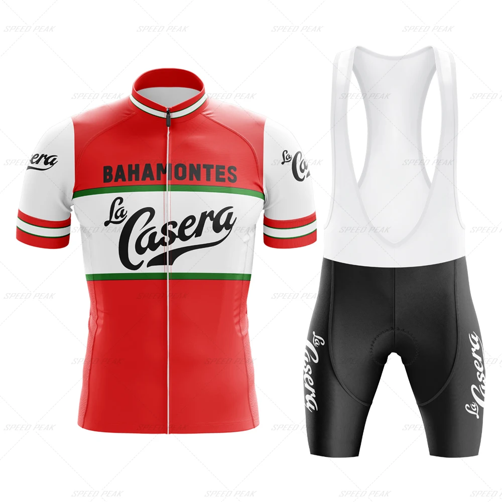 Casera-Conjunto de ropa de ciclismo para hombre, Jersey Retro de manga corta para bicicleta, ropa roja, ropa deportiva de verano, pantalones cortos con pechera, Triatlón