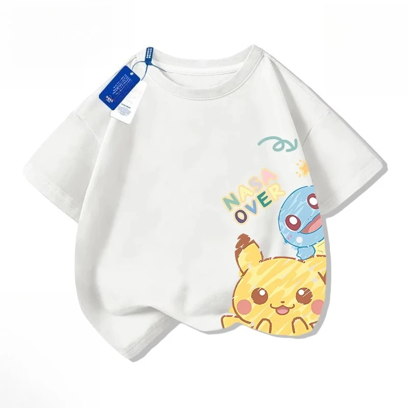 Детские рождественские подарки, одежда из чистого хлопка, летняя детская футболка с рукавами-голоком для мальчиков, топ, одежда с рисунком Покемона Пикачу для мальчиков