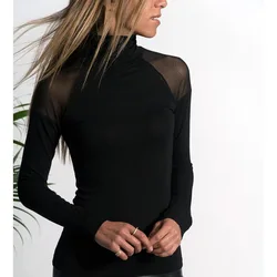 Women's Fashion High Neck Solid Long Sleeve Shirt New Autumn Translucent Mesh Temperament Commuting Woman Elegant Top