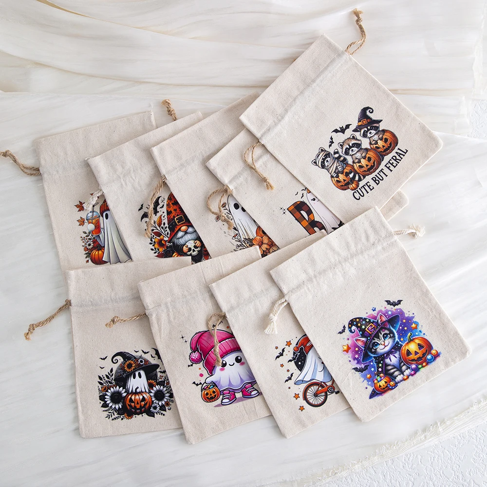 12pc Bulk 15x20cm Halloween-Themed Linen Burlap Drawstring Gift Bags Carrying Candy Cookies Goodie Party Supplies Trick or treat