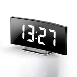 Creative Curved Electronic Clock LED Large Screen Mirror Alarm Clock Students Silent Multifunctional Desktop Clock Ornament