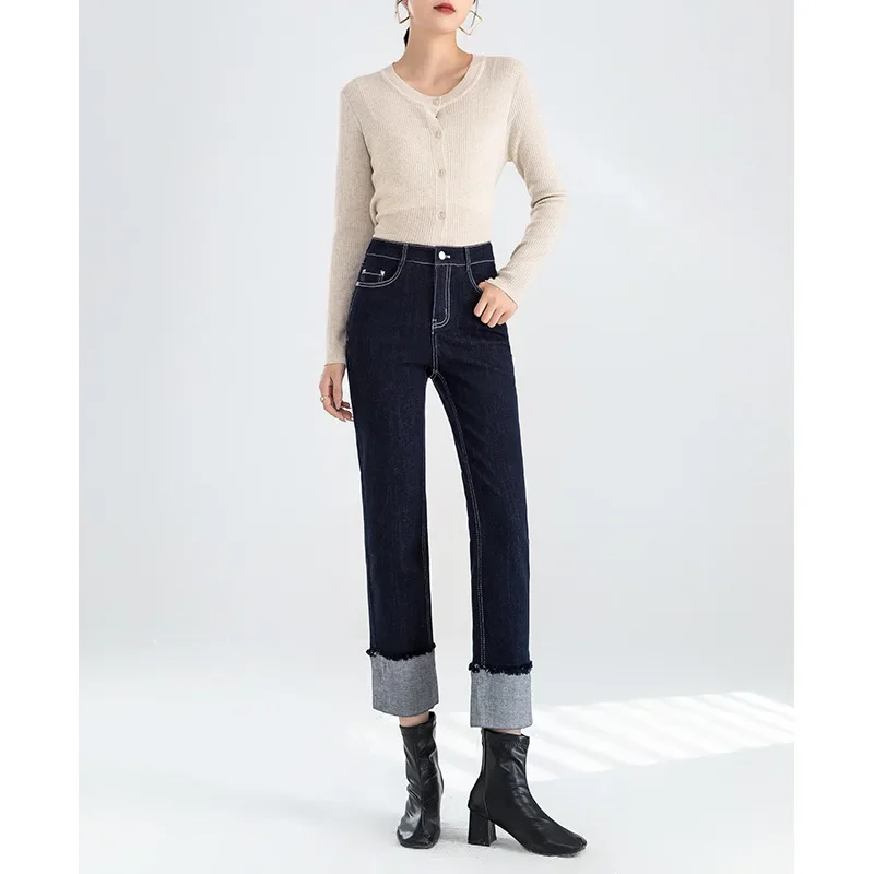 Women's Fall Fashion Cuffed Straight Leg Jeans. Casual High-waisted Denim Drainpipe Pants. Commuter Style Denim Nine-point Pants