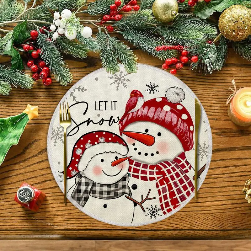 Rice Bottom Double Snowman Cardinals Round Christmas Meal Mat Wear resistant Plate Mat Home Table Decoration Meal Mat