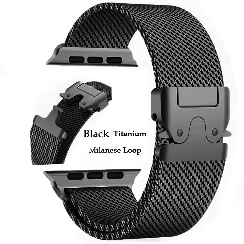Milanaise-Armband für Apple Watch Band Ultra 2 49 mm, Serie 10, 9, 8, 7, 6, 5, natürliche Titan-Milanese-Schlaufe, sichere Fallschirmschnalle