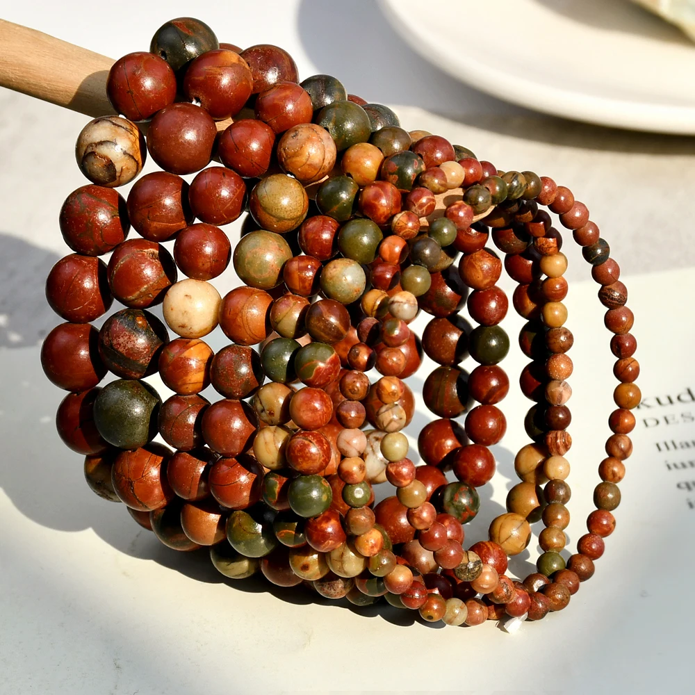 Red Greek Jasper Bracelet Vintage Bohemian Natural Stone Round Beads Elastic Bracelet Handmade Jewelry Gift For Mother's Day