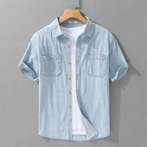 Camisa vaquera de manga corta de verano ligera y fina para hombre, informal y transpirable, que absorbe el sudor, adecuada para desplazamientos diarios.