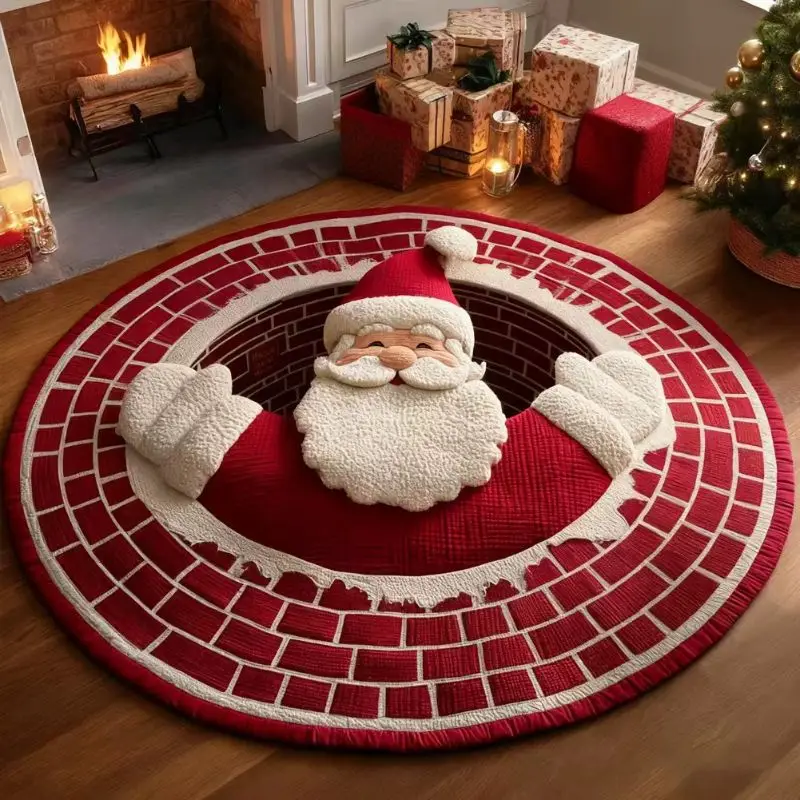 VIKAMA Christmas Round Rug Gnome Brick Well 3D Illusion Non Slip Area Rug Living Room Cozy Holiday Decor Washable Durable Unique