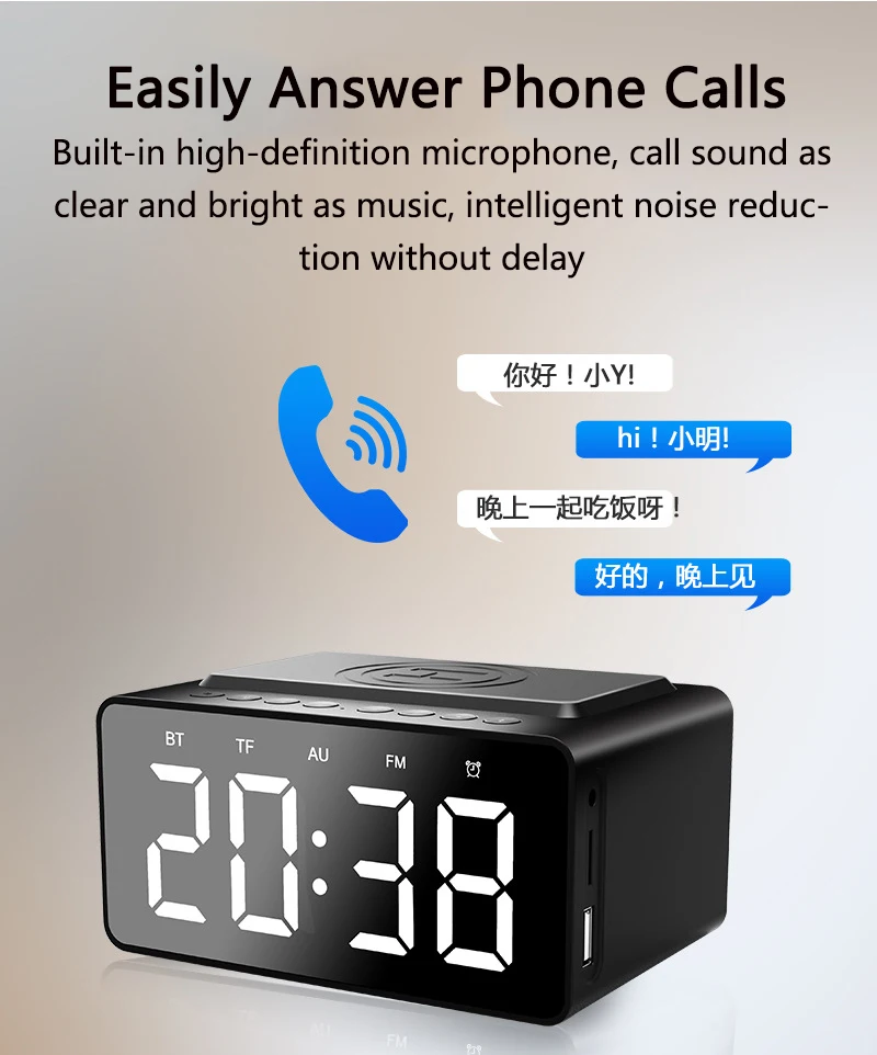 Bt508 Mirror Led Alarm Clock Wireless Charging High Definition Reception Led Display High And Low Frequencies Long Battery Life