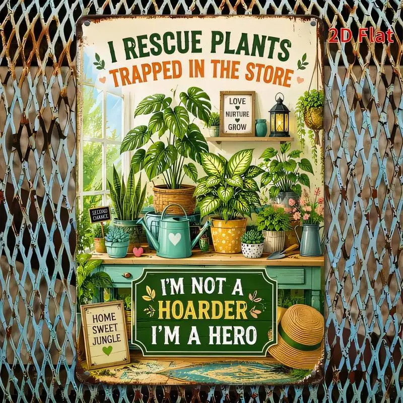 I Rescue Plants Vintage Metal Tin Sign - Retro Garden Wall Art (Potted Plants, Humorous Hero Quote), Iron, Perfect for Plant Lov