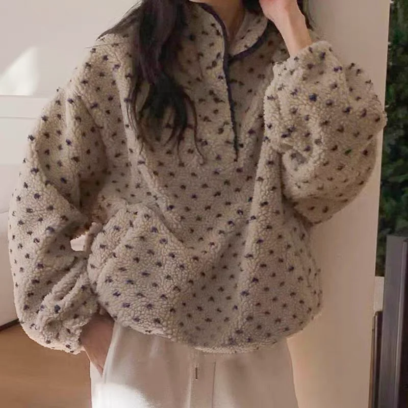 

Polka Dot Fce Zipper Hoodie Jaet Stand Collar Outerwear Long Sve Thin Cotton Coat for 8-24 Years Old Women