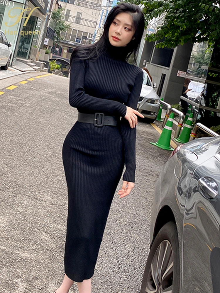 H Han Queen Sheath Bodycon Knitted Dress Bottoming Women Soft Elastic Turtleneck Sweater Autumn Winter Party Dresses With Belt