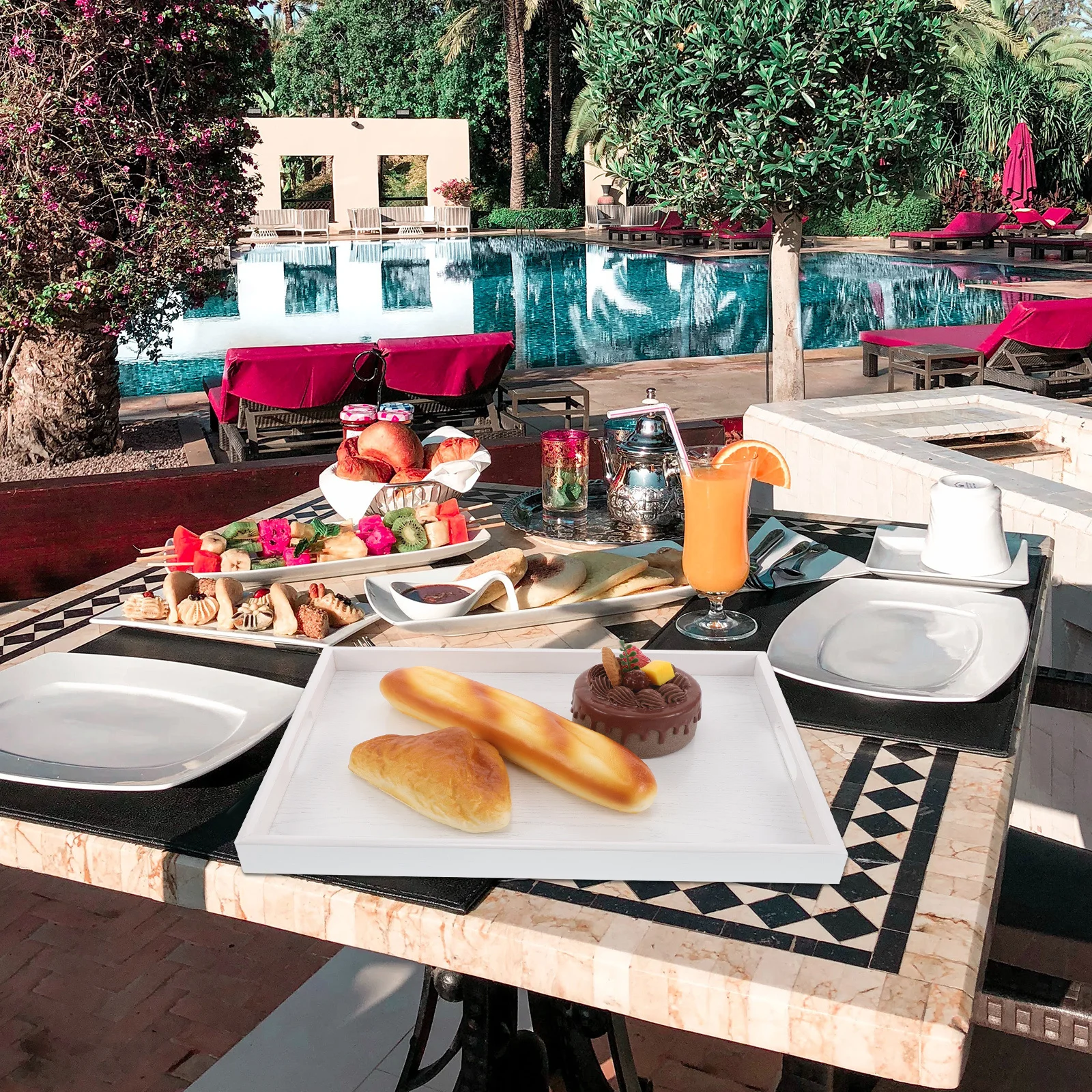 

Wood Serving Tray European Style Rectangular Solid Wood Breakfast Coffee Table Tea Food Bread Decorative Entryway Organizer with