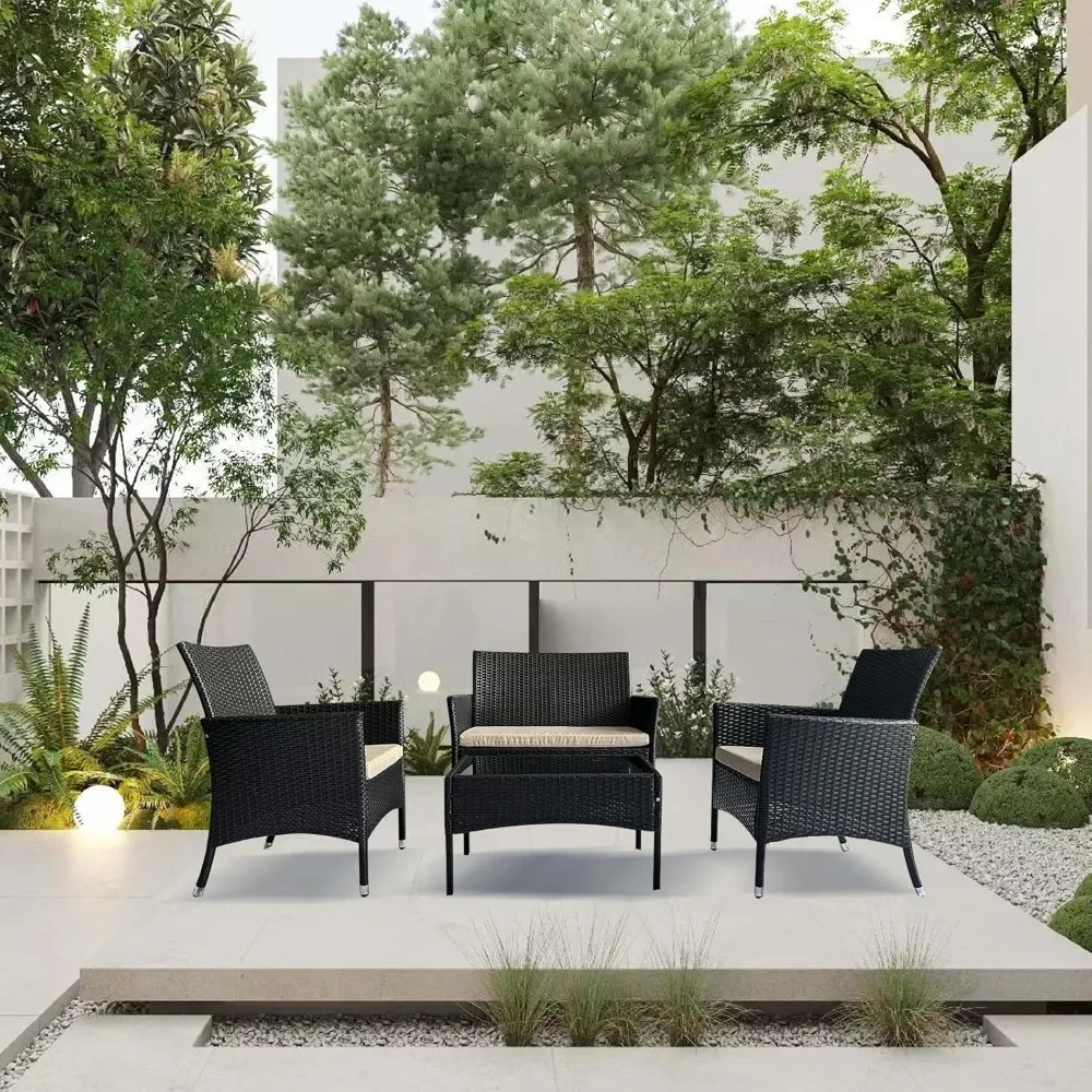 Conjunto de móveis de terraço com mesa e cadeiras, sofá de vime com poltrona e mesa de vime, 4 peças