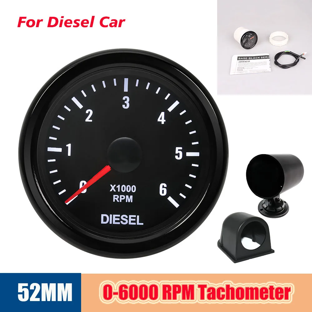 12V Outdoor Motor Tachometer Gauge 52mm 0~6000rpm Tacho Meter REV Counter for Diesel Engine For 1-20 Cylinders Tahometru LED