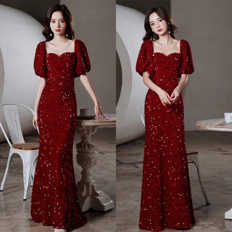 

It's Yiiya Strapless Burgundy Short Sleeves Sequins Mermaid Lace Up Floor-Length Elegant Formal Dress Dress Woman Party A2853