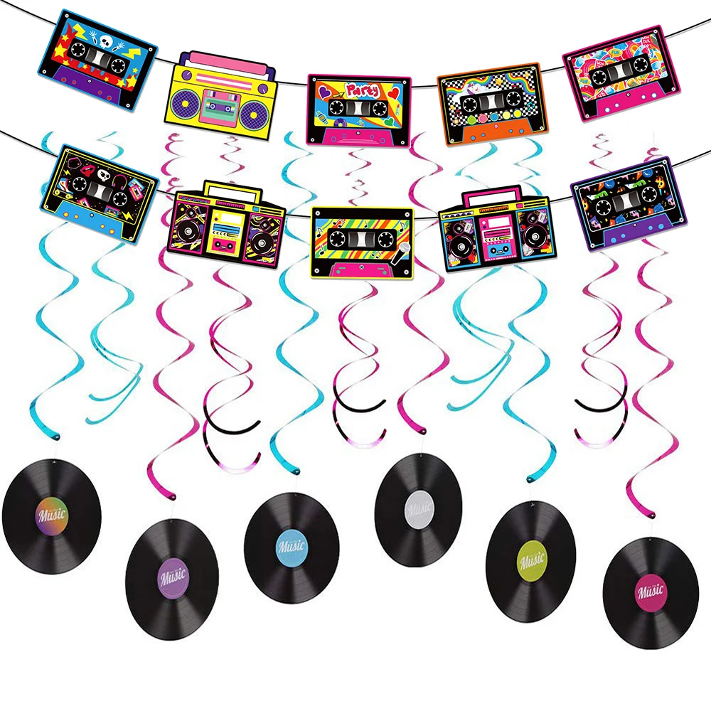 Rock and Roll Partydekorationen Retro Schallplattenpapier Hängedekoration Kassettenband Banner Retro 70er 80er 90er Musik Partydekorationen – Detail 1