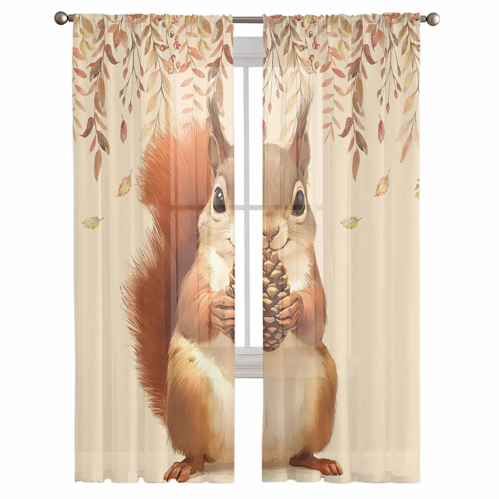 Autumn Herbs Squirrel Window Tulle Curtains for Living Room Kitchen Modern Window Treatments Voile Curtains