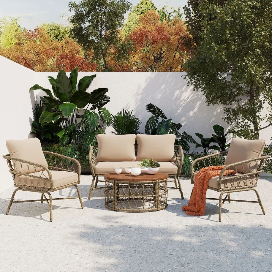 

GO Bohemiainspired 4Person Outdoor Seating Group With Removable Cushions Conversation Patio Set With Wood Tabletop Beige