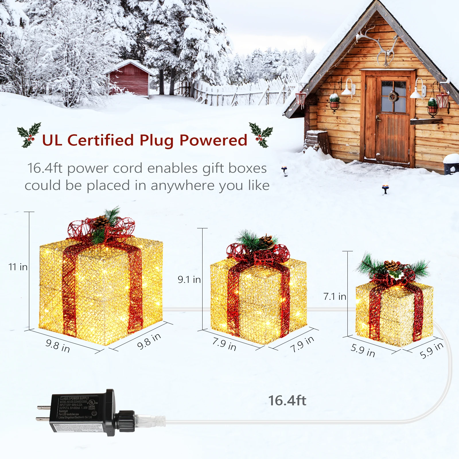 

3pcs 10 inch-8 inch-6 inch Golden Gift Box Garden Gift Box Decoration 5M Long Power Cord US Plug