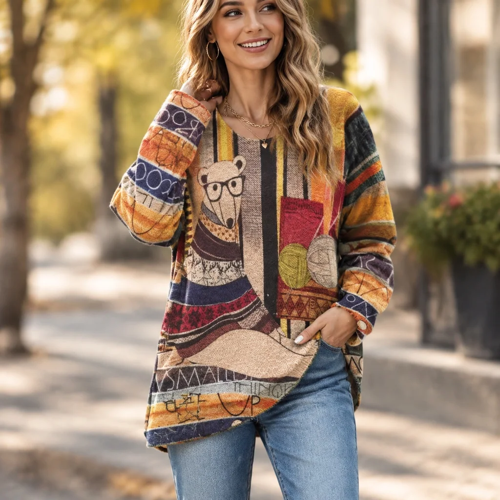 Loose Fit Casual Sweater Mid Length Japanese Korean Casual with Long Sleeve Medium Weight Printed Women Sweaters and Pullovers