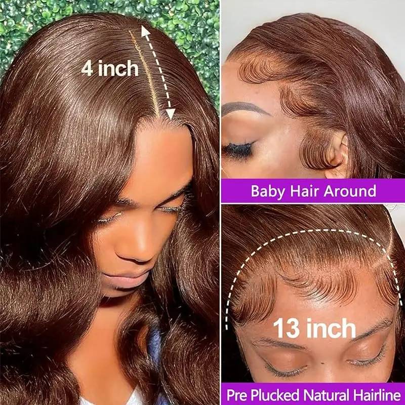 Chocolate Brown Body Wavy Lace Front Wig Human Hair #4 Pre Combed 13x4 Lace Front Wig Human Hair 180% Density Suitable For Women