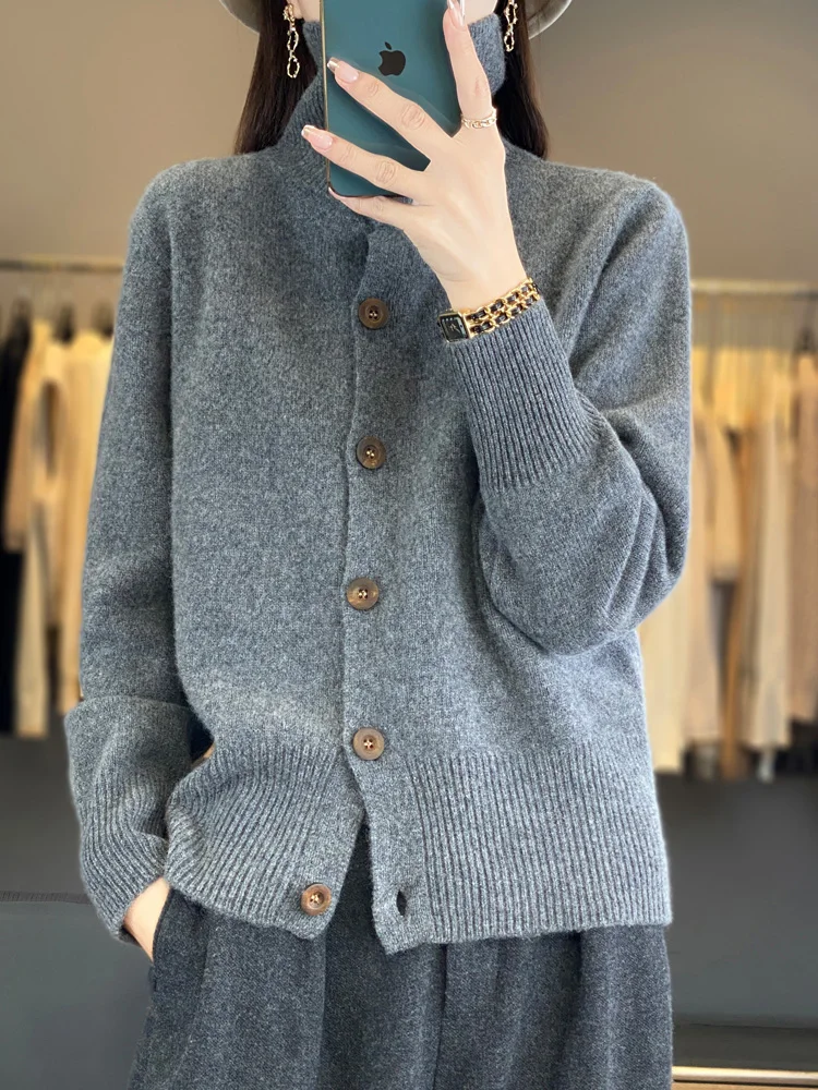 Women Basic 100% Merino Wool Cardigan Autumn Winter Cashmere Sweater Knitwear Turn Down Collar Solid Soft Warm Clothing Tops