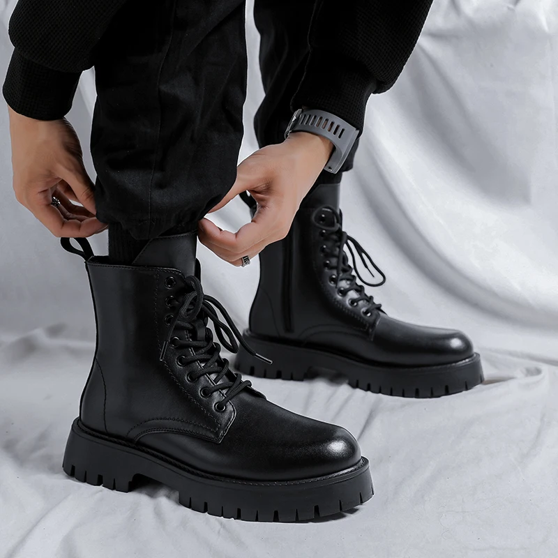 Men Luxury Fashion Genuine Leather Boots Black White Brand Designer Shoes Stage Nightclub Motorcycle Boot High Platform Botas