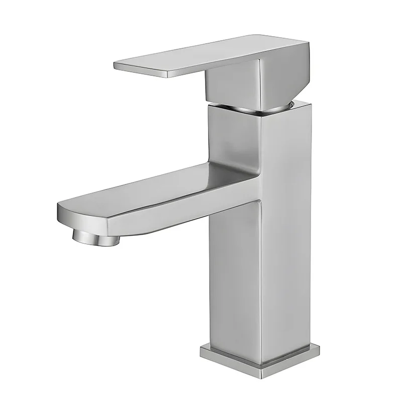 

304 Stainless Steel Bathroom Hot and Cold Brushed Square Single Hole Washbasin Mixing Faucet