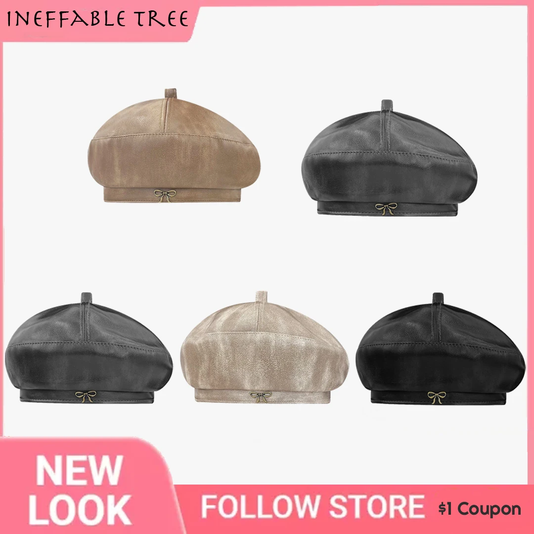 

Y2K Metal Bow Elegant Retro PU Leather Berets Hat for Women Spring Autumn Casual Versatile Literary Painter Cap Boina Hombre